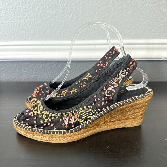 Vtg Y2k Eric Michael Black Beaded Floral Embroidered Espadrille Wedge Heels 39 - Picture 1 of 7
